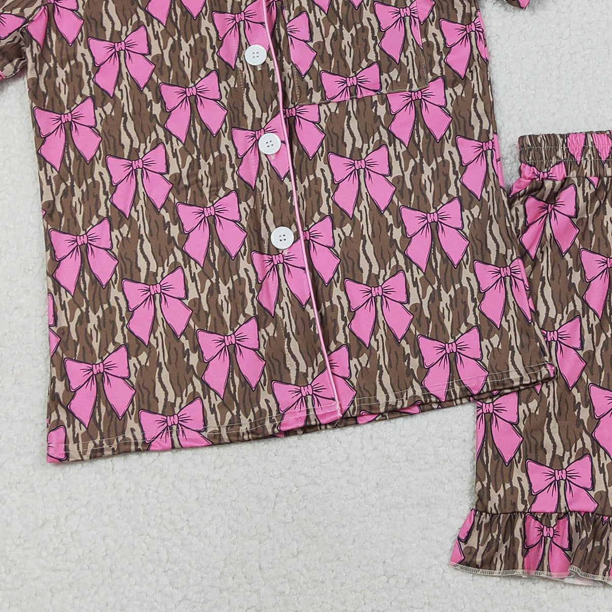1.31 RTS NO MOQ （In stock）GSSO3137 Adult Women Southern Olive Camo Bows Button Pocket Top Ruffle Shorts Pajamas Set
