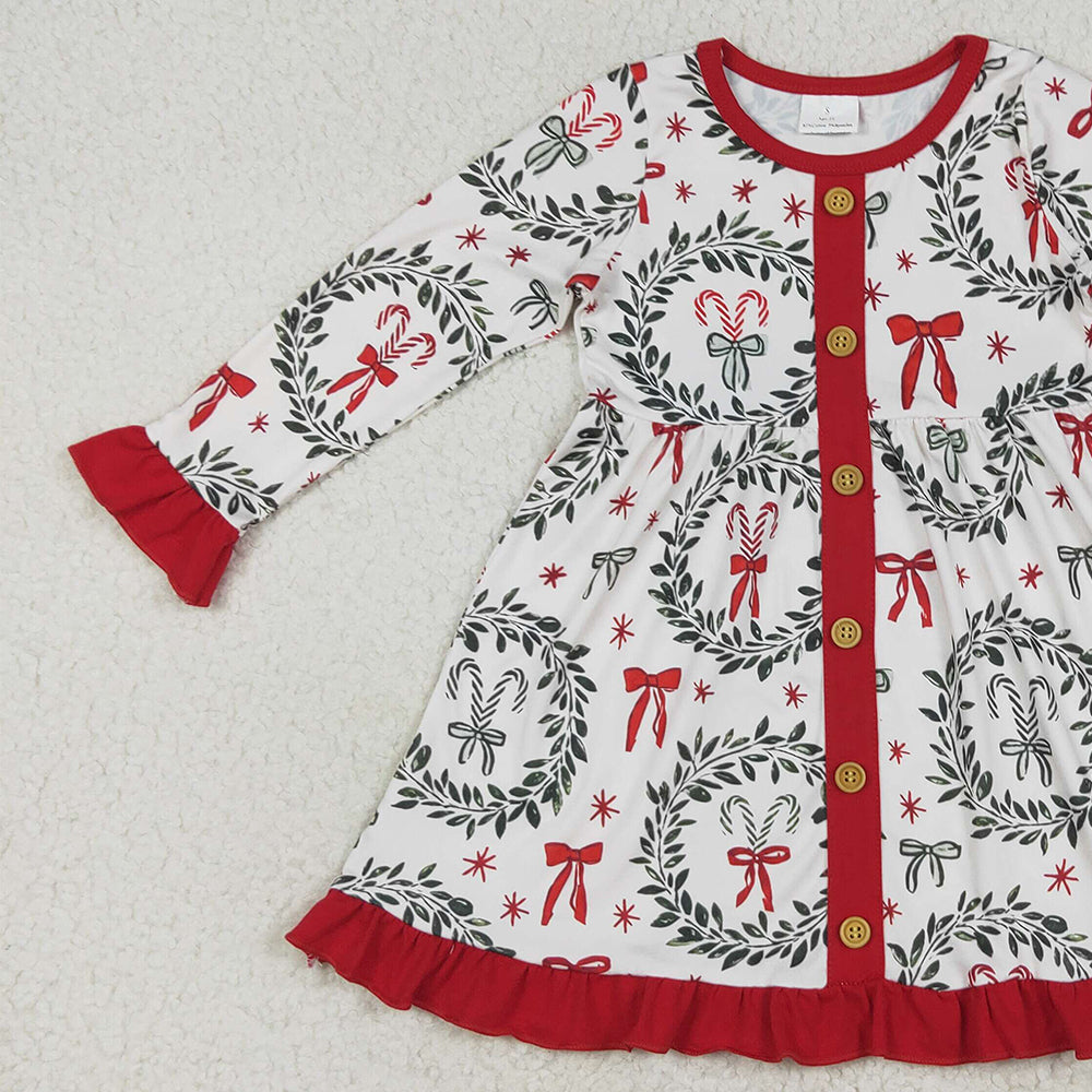 8.15 GLD1082 RTS NO MOQ Baby Girls Winter Dress Baby Girls Long Ruffle Sleeves Green Red Bows Button Knee Length Dresses