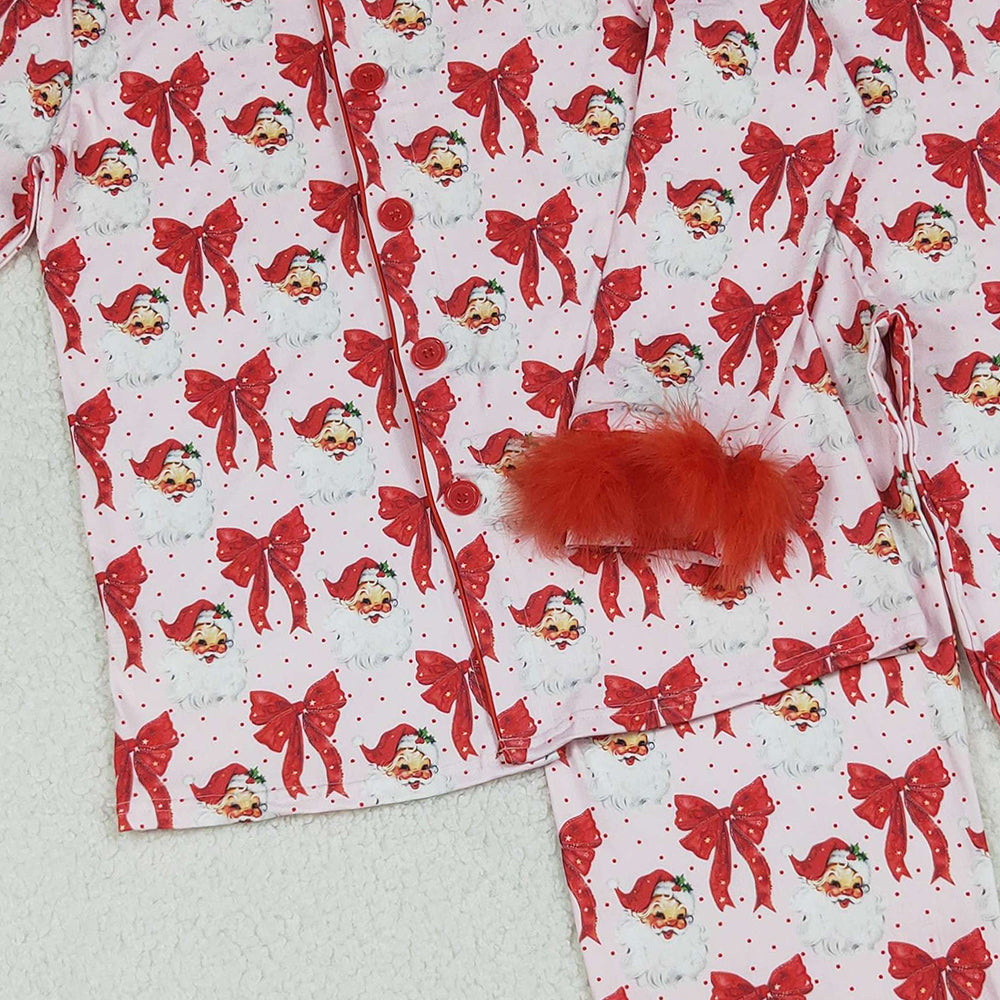 RTS NO MOQ （In stock）GLP2715 Adult women's pajamas set Red Bows Santa Button Top Pants Christmas Fur Pajamas Sets