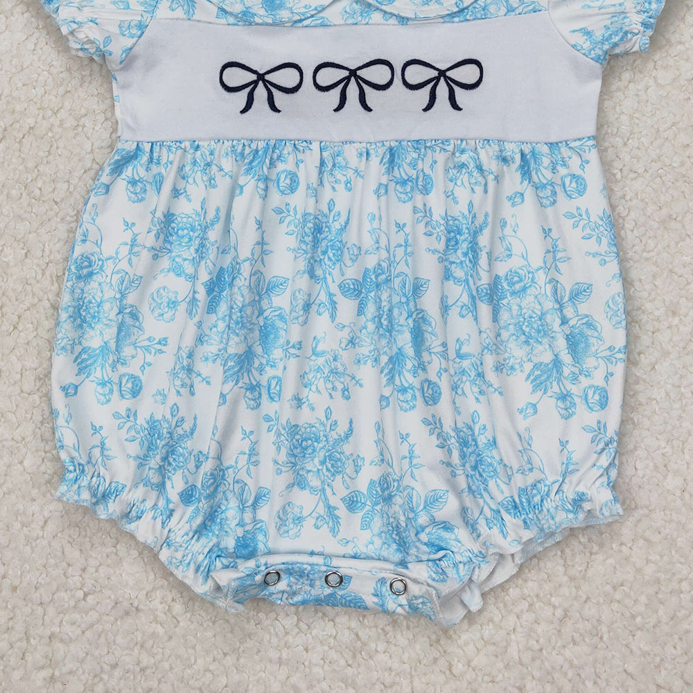 4.14 SR2784 RTS NO MOQ Short sleeves light blue floral bow baby girls summer romper