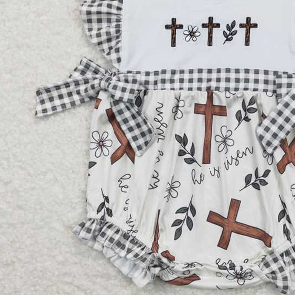SR0813Cross Floral Baby Girls Easter Romper with Flutter Sleeves Girls Outfit Spring Clothing Toddler Dresses