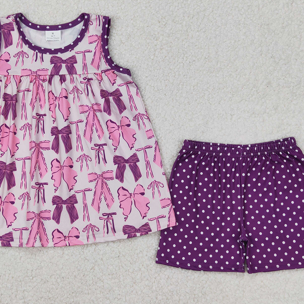 6.24  GSSO2105 RTS NO MOQ Sleeveless purple bow tunic polka dots shorts girls clothes