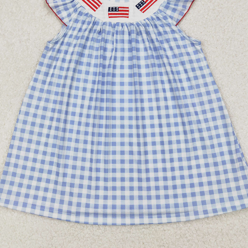 4.30 GSD1817 RTS NO MOQ Baby Girls Flutter Sleeves Blue Plaid Embroidery Flags Top 4th Of July Dresses