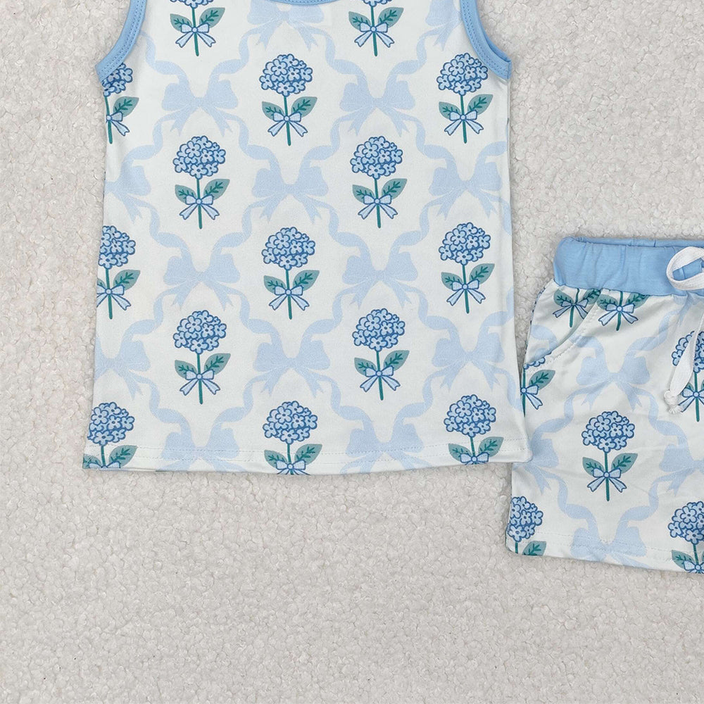 GSSO2079Kids Girls Light Blue Bow Floral Top Shorts Set Cute Floral Print Outfit for Little Girls Ages 4-12