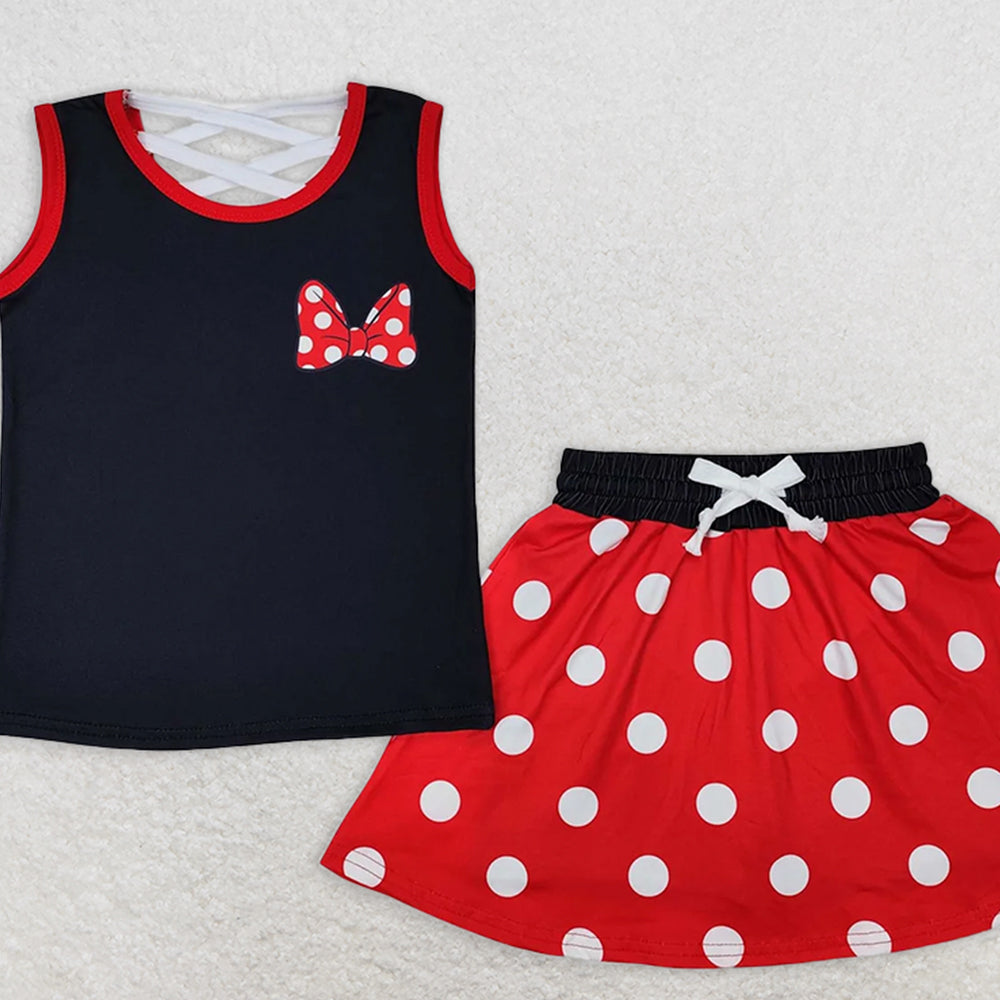 GSD2069RTS NO MOQ Baby Girls Skirt Sets Girls Black Polka Dot Sleeveless Bow Top Skirt Set Cute Casual Outfit for Kids