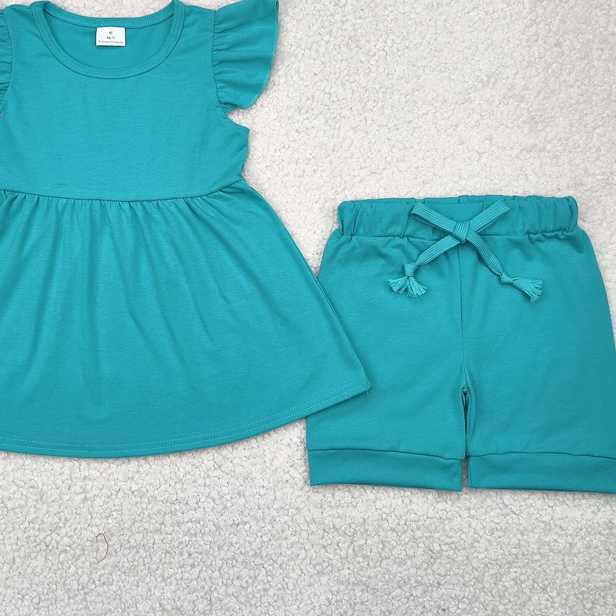 GSSO1731 RTS NO MOQ Baby Girls Summer Outfits  Teal flutter sleeves cotton tunic shorts kids girls clothes
