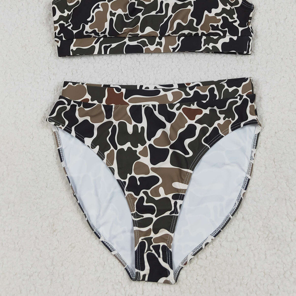 8.19 S0566+S0567 RTS NO MOQ Adult Women's Swimsuit Dark camo adult women summer swim top summer swim bottom sets