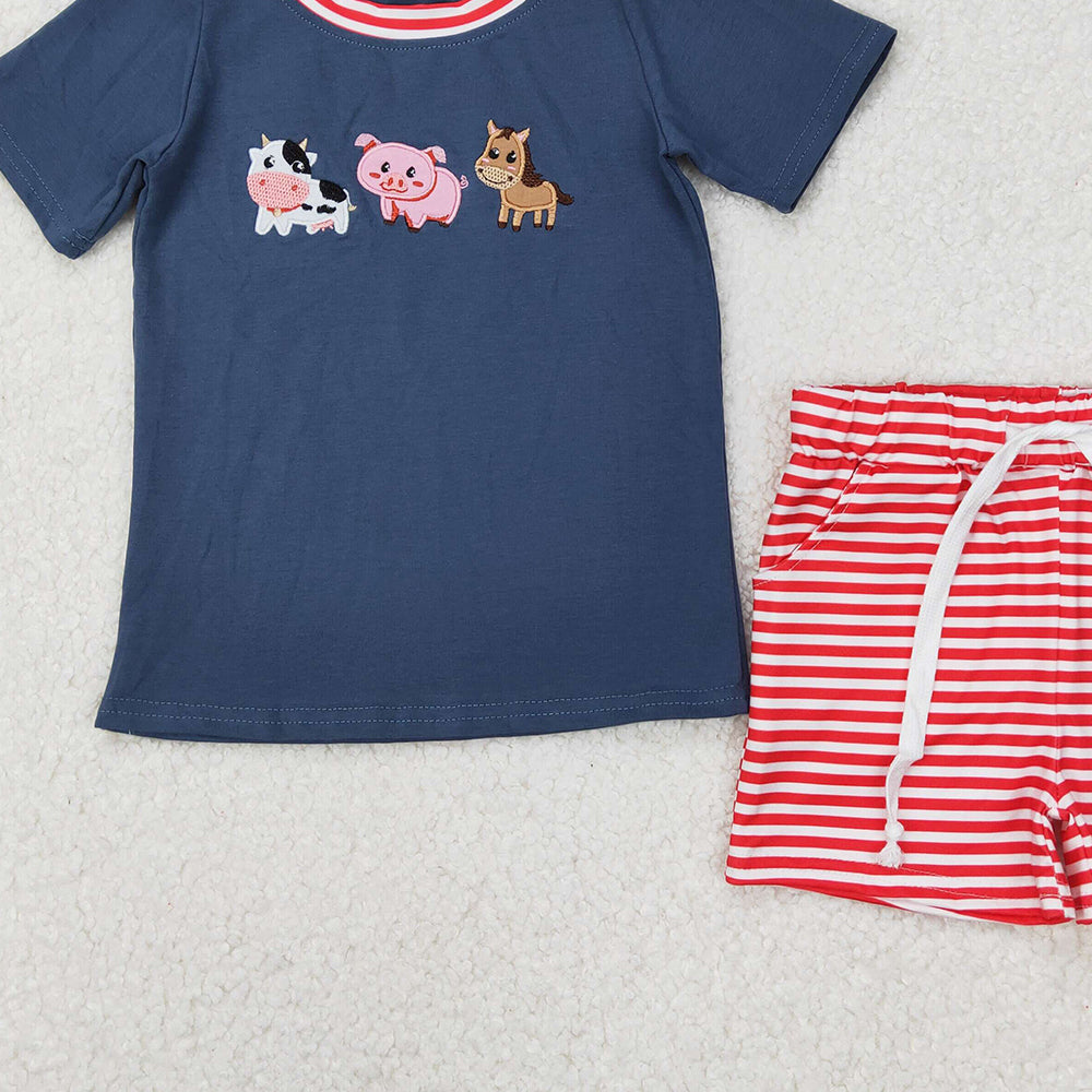 4.24 BSSO1295  RTS NO MOQ Cow pig horse top stripe shorts kids boys clothes