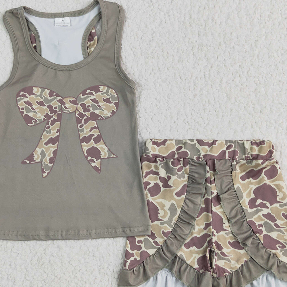 USA Shop (in stock) GSSO1629 RTS NO MOQ Baby Girls Summer Outfits Baby Girls Dark Green Bows Vest Ruffle Shorts Clothes Sets