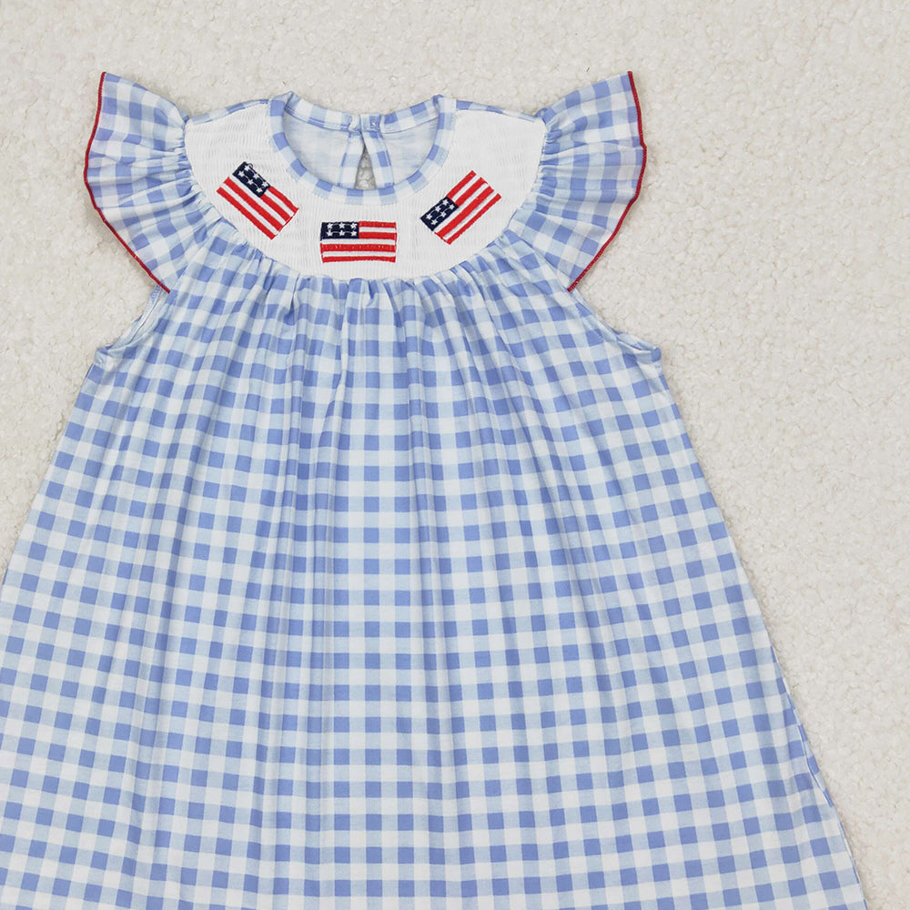 4.30 GSD1817 RTS NO MOQ Baby Girls Flutter Sleeves Blue Plaid Embroidery Flags Top 4th Of July Dresses
