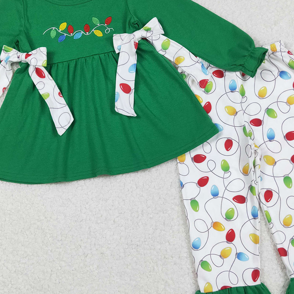 RTS NO MOQ （In stock）GLP2491 Baby Girls Winter Outfits Dark Green Long Ruffle Sleeve Tunic with Light Bow Detail Matching Pants