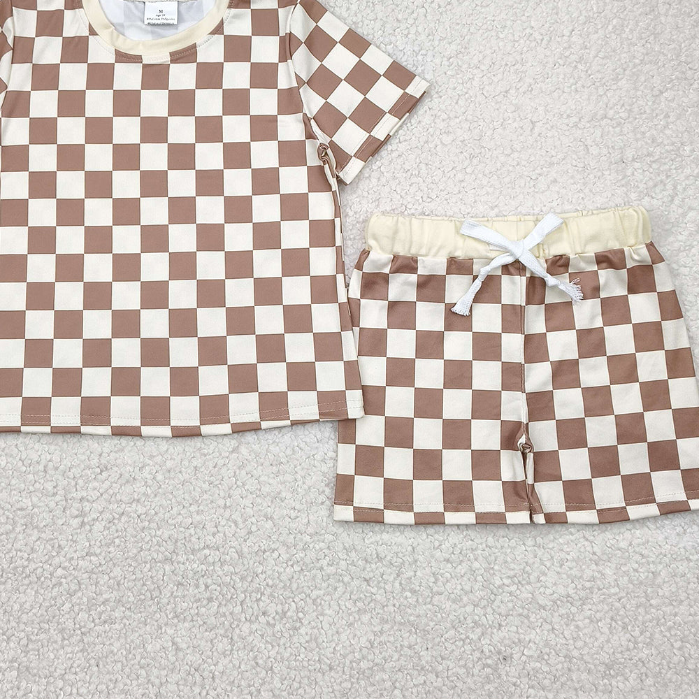 BSSO1422RTS NO MOQ  Baby Boys Summer Boys Outfits Khaki Plaid Baby Kids Summer Clothing Short Sleeve Comfortable Soft Polyester Square Patterned Romper for Infants