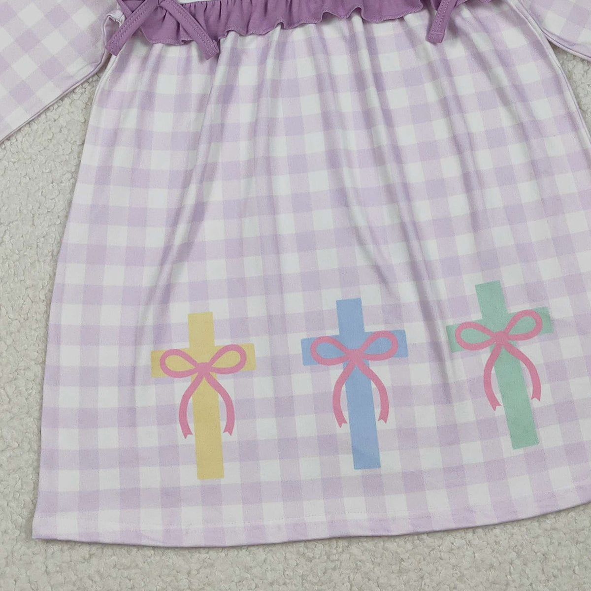 10.27 RTS NO MOQ （In stock）GLD1356 Baby Girls Winter Dress Baby Girls Lavender Checked Jesus Love Me Cross Knee Length Dresses