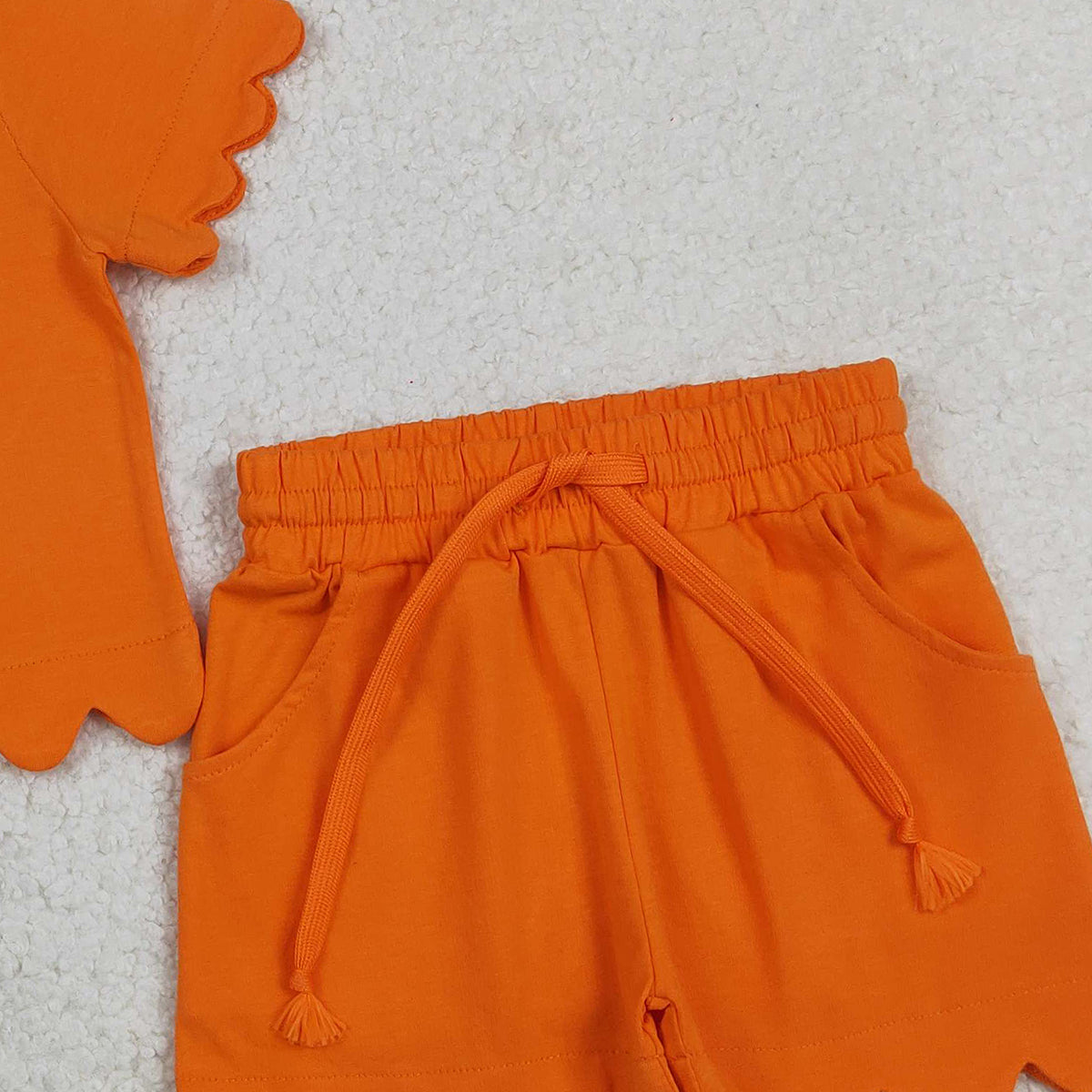 3.11 RTS NO MOQ （In stock）GSSO3178 Kids Clothing for Girls Baby Girls Short Sleeve Orange Shirts Top Scallop Shorts Clothes Sets