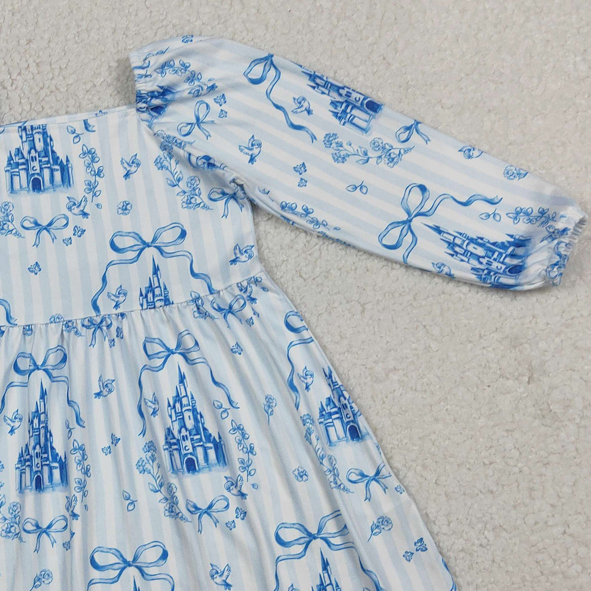 1.20 RTS NO MOQ （In stock）GLD1567 Baby Girls Winter Dress Baby Girls Blue Stripe Bows Castles Knee Length Dresses