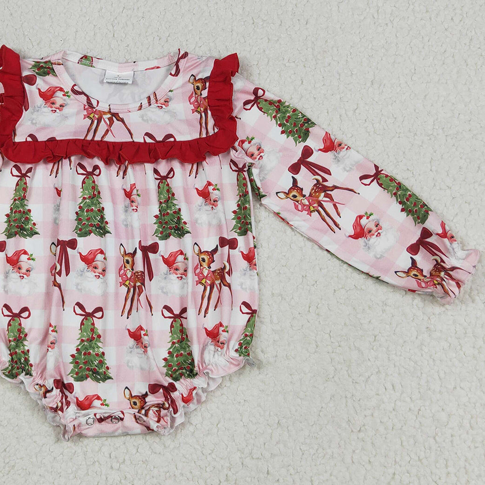 LR2274 RTS NO MOQ Baby Girls Winter Rompers Baby Girls Long Sleeves Pink Plaid Santa Trees Ruffle Rompers