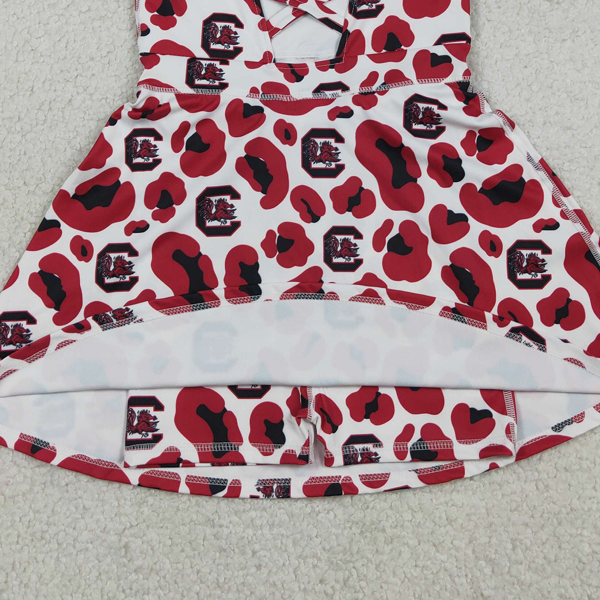 3.27 RTS NO MOQ （In stock）GSD3633 Kids Fashion Clothes Baby Girls Strap Red Leopard Team Yoga Active Shorts Knee Length Dress