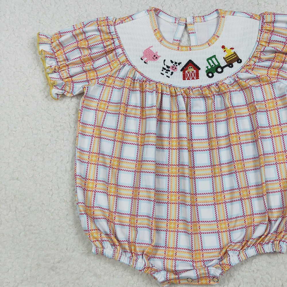 RTS NO MOQ （In stock） SR2982 Baby Girls Summer Rompers Short sleeves plaid cow tractor farm baby girls romper