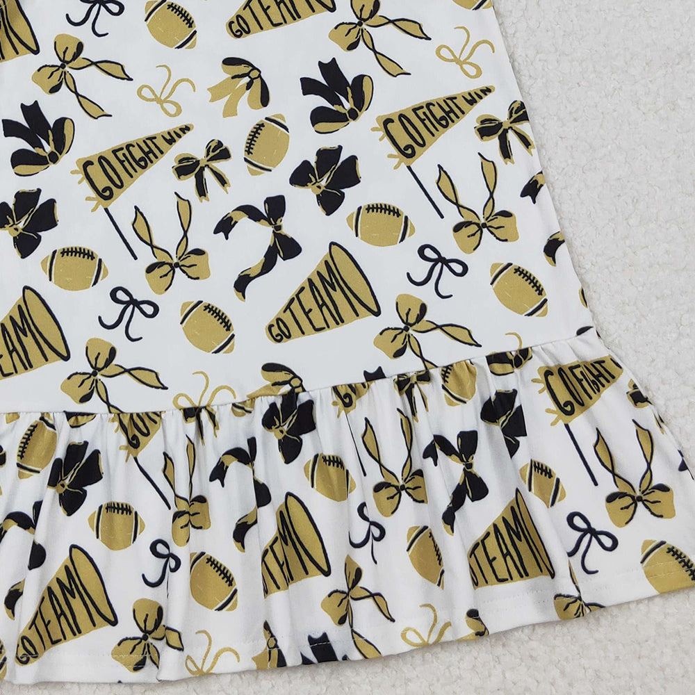 RTS NO MOQ （In stock）GSD2788  Baby Girls Summer Dress Flutter Sleeves Yellow Cheer Bows Team Knee Length Dresses