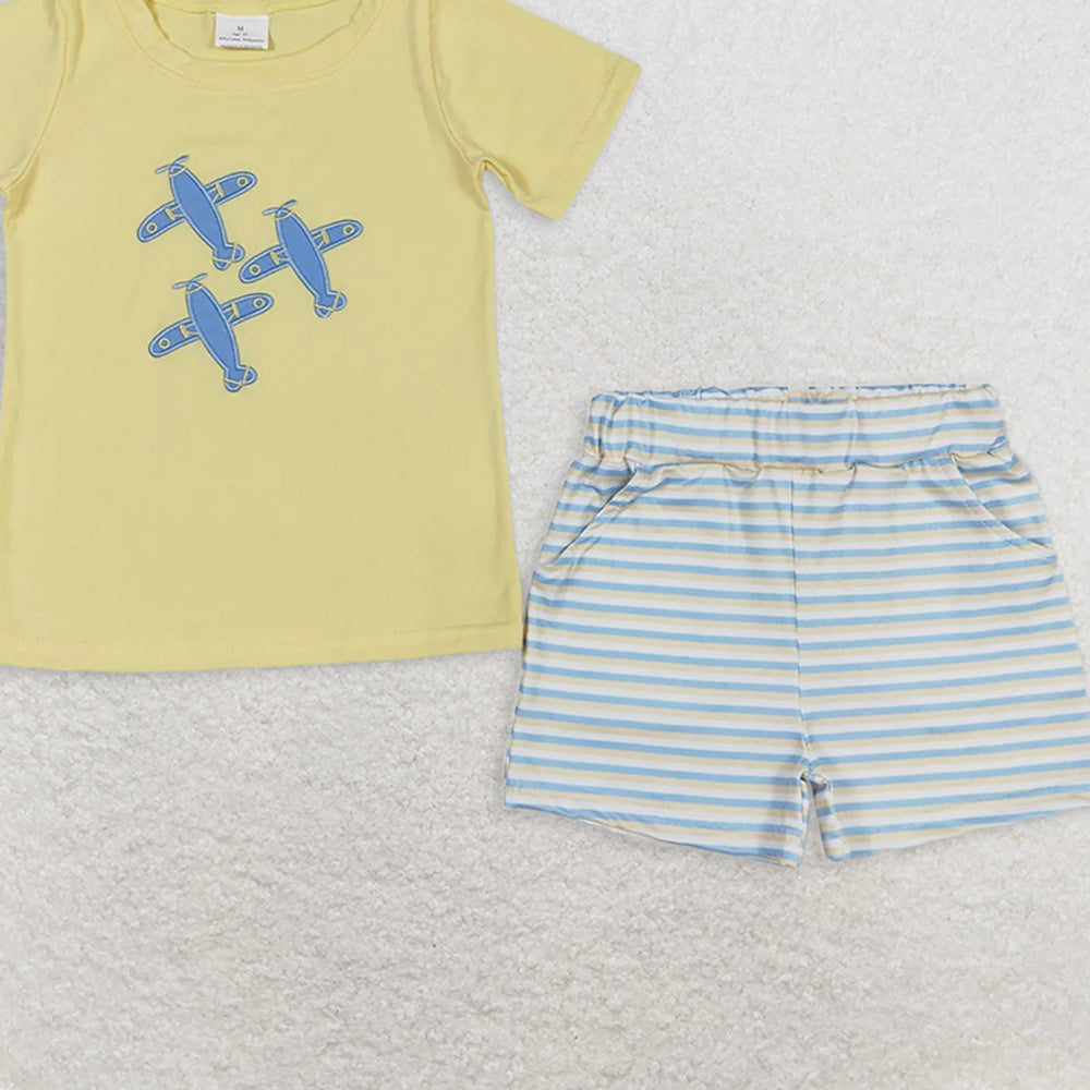 BSSO0696 RTS NO MOQ Baby Boys Summer Boys Outfits  Baby Boys Planes Short Sleeve Tee Shirts Stripes Shorts Clothes Sets