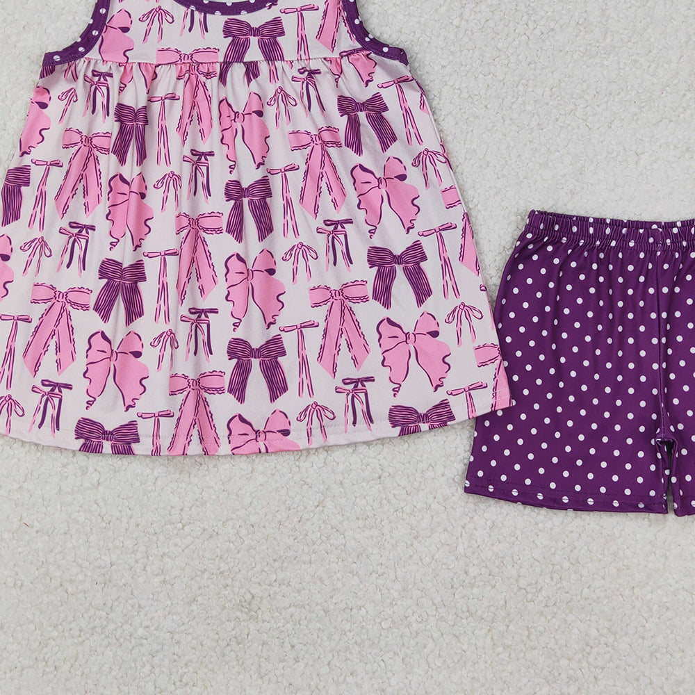 6.24  GSSO2105 RTS NO MOQ Sleeveless purple bow tunic polka dots shorts girls clothes