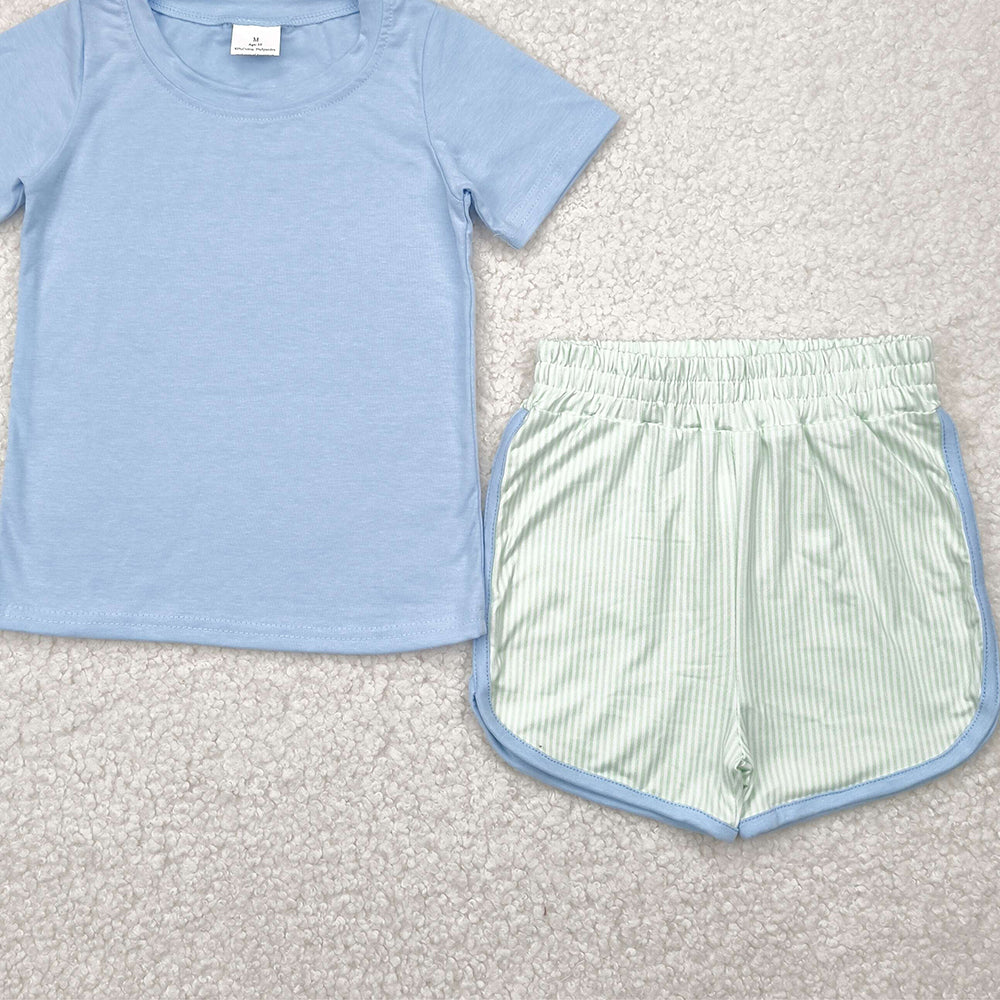 BSSO1481 RTS NO MOQ Baby Boys Summer Boys Outfits Baby Boys Summer Blue Top Green Shorts Set