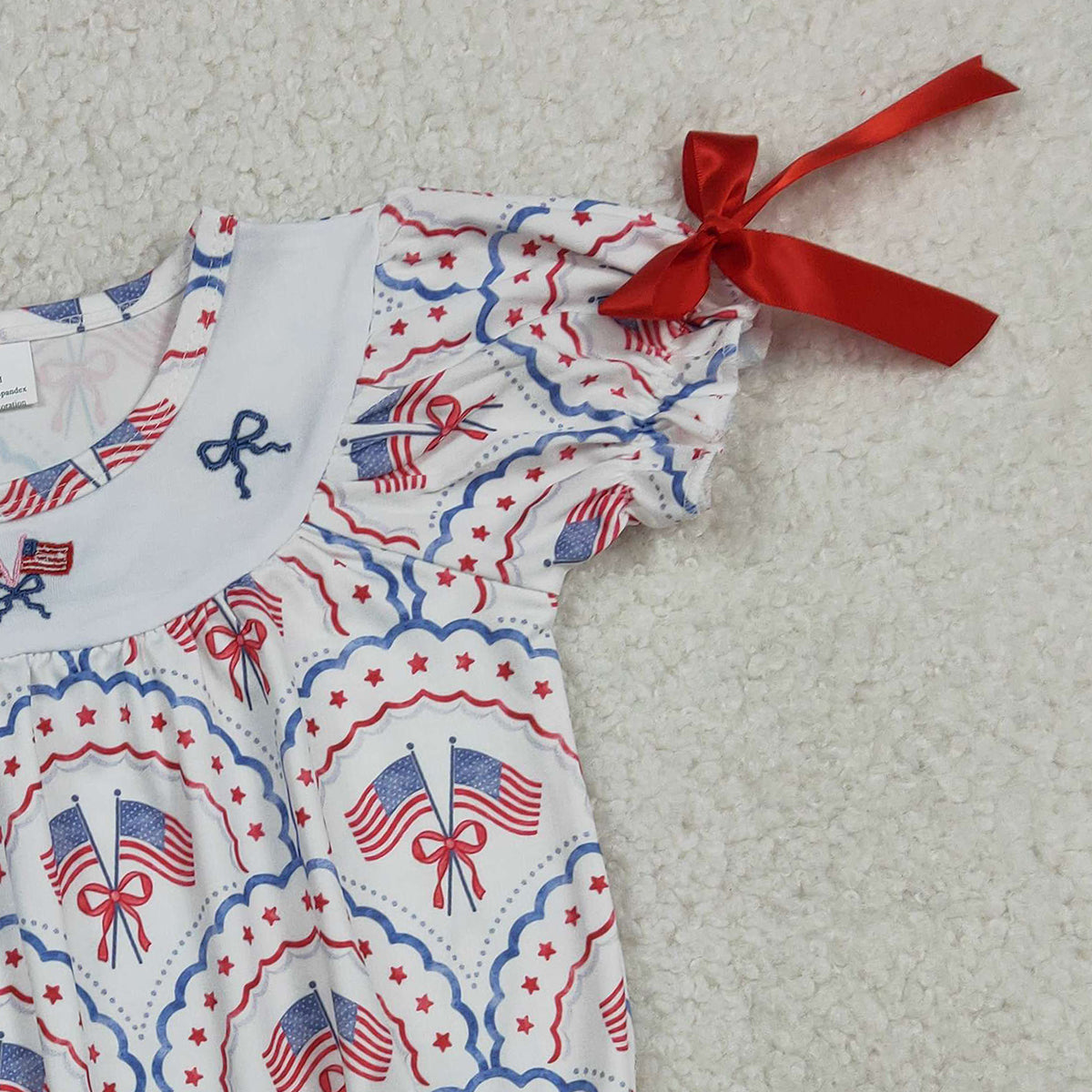 3.12 RTS NO MOQ （In stock）SR3887 Children's Fashion Romper Baby Girls Embroidery Bows Flags Checked 4th of July Ruffle Rompers