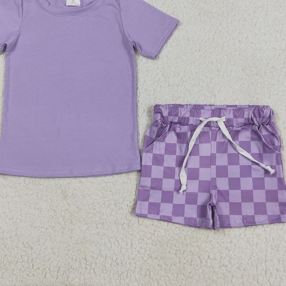 7.15  GSSO2524RTS NO MOQ Baby Girls Summer Outfits Baby Girls Lavender Short Sleeves Top Plaid Short Set