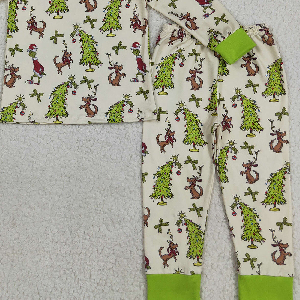 RTS NO MOQ （In stock）GLP2627 Baby Girls Winter Outfits Baby Boys Long Sleeves Christmas Trees Dogs Top Pant Pajamas Set