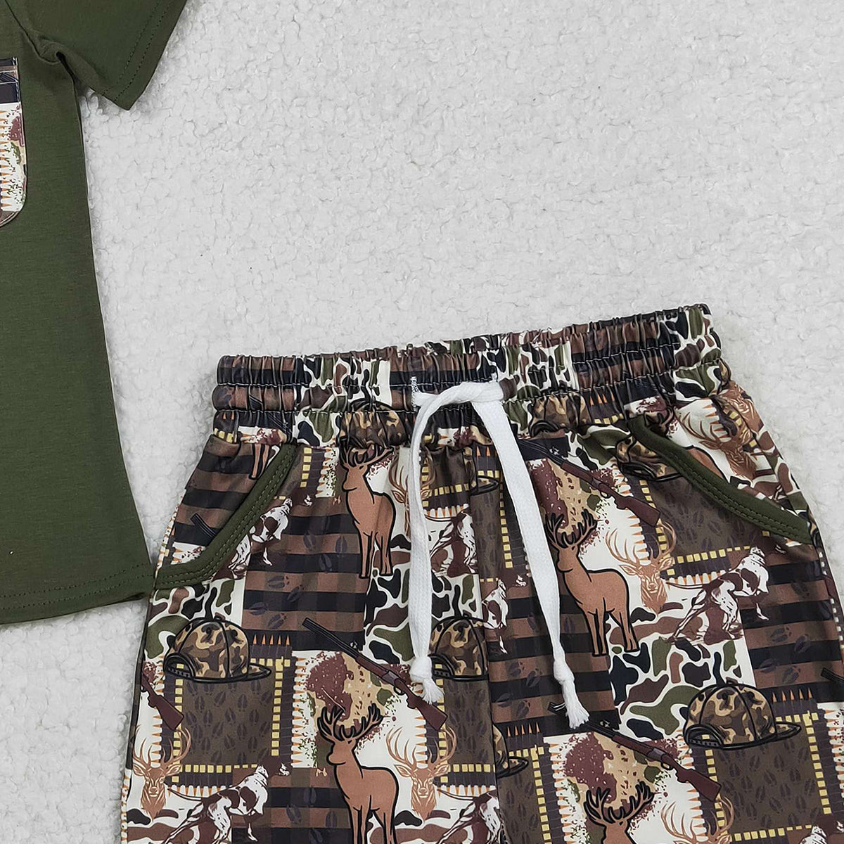 1.23 RTS NO MOQ （In stock）BSSO1848 Baby Boys Shirt Top Southern Deer Camo Pockets Shorts Hunting Clothes Sets