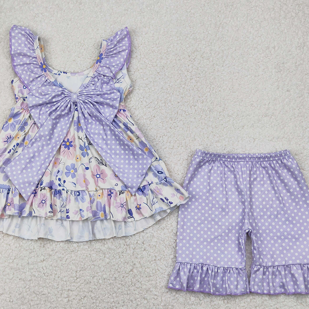 4.12 GSSO2306 RTS NO MOQ Baby Girls Summer Outfits  Polka dots ruffle floral tunic shorts girls clothing outfits