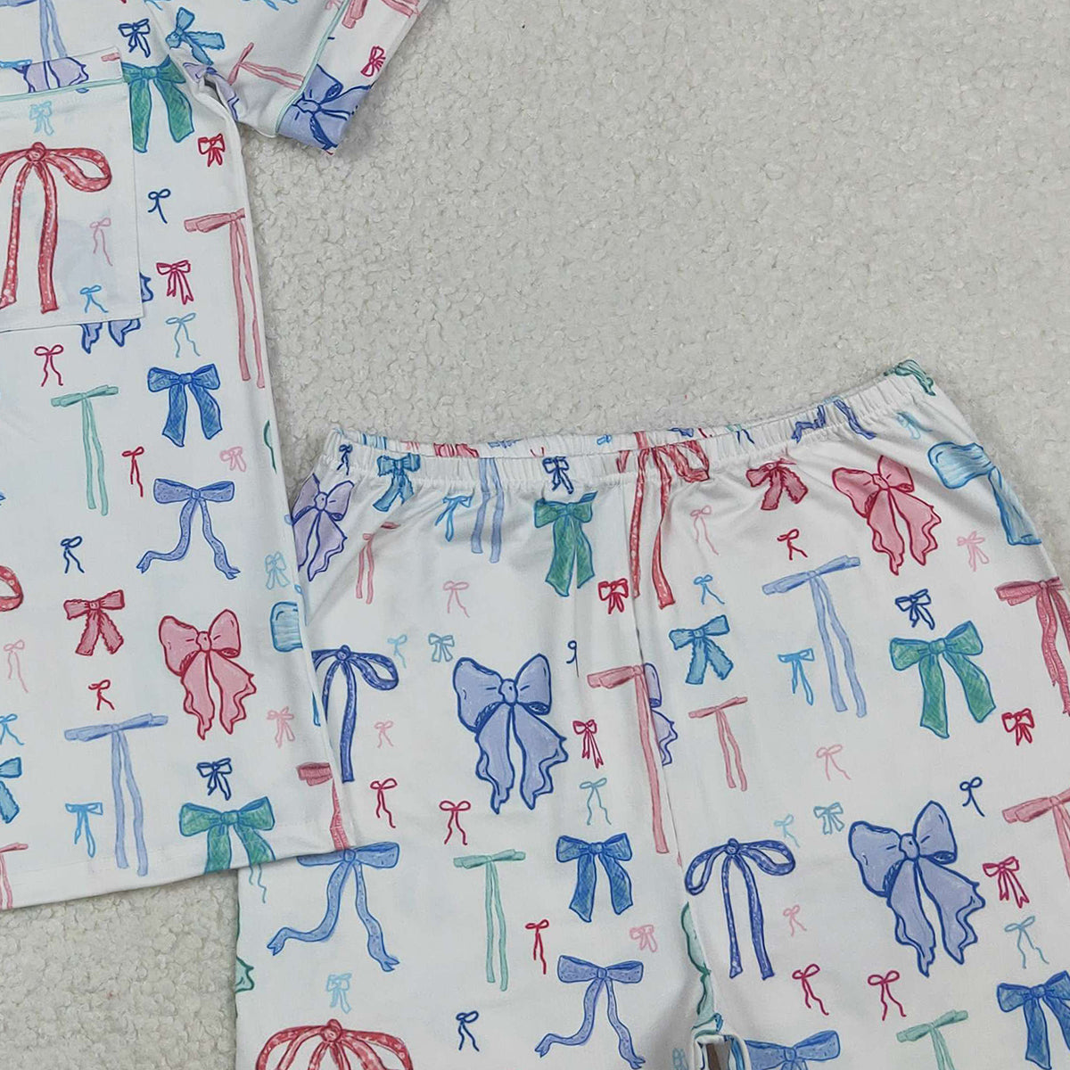 11.5 RTS NO MOQ （In stock）GSSO2216 Adult Women Colorful Bows Lapel Buttons Tops Shorts Pajamas