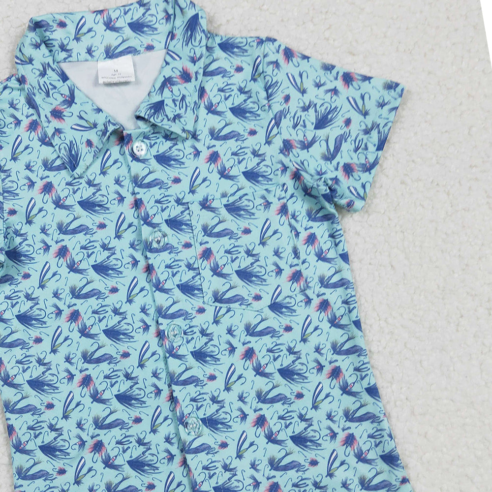 RTS NO MOQ （In stock）BT1296 Baby Boys Summer Tops Short Sleeves Blue Flowers Button Shirts Top