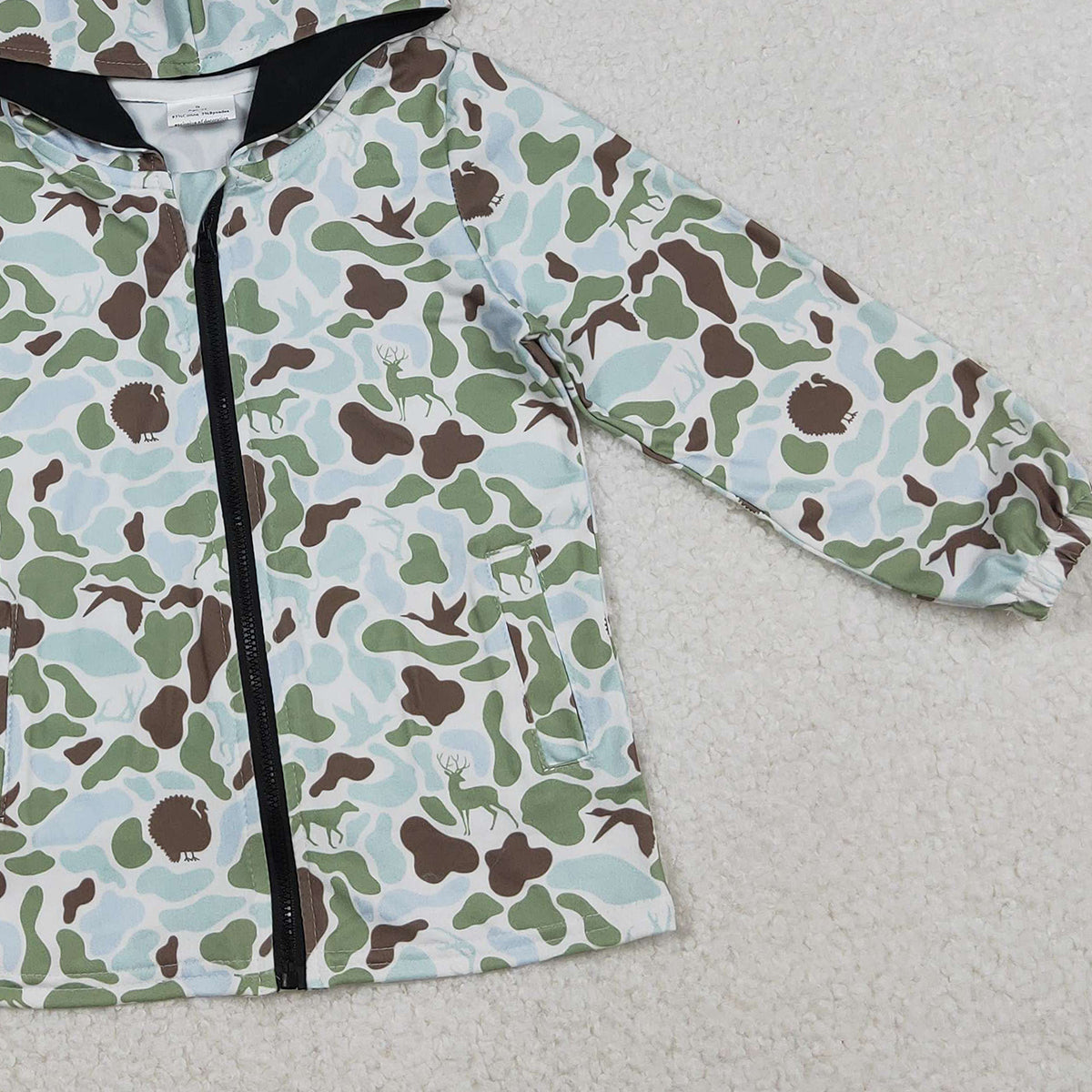 11.3 RTS NO MOQ （In stock）BT1399 Baby Boys Green Brown Deer Camo Pockets Zipper Southern Hoodies Top
