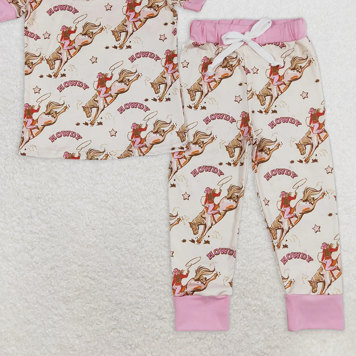 GSPO1488 RTS NO MOQ Baby Girls Pajamas Outfits howdy horse riding pink hem short-sleeved trousers pajamas set