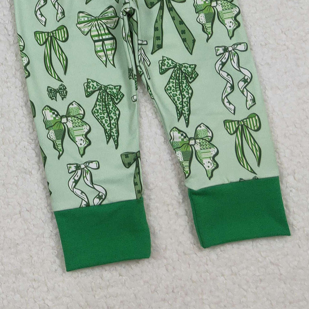 9.29 RTS NO MOQ （In stock）LR2654 Baby Girls Winter Rompers Baby Boys Green Clover Bows St Patrick Zipper Footie Rompers