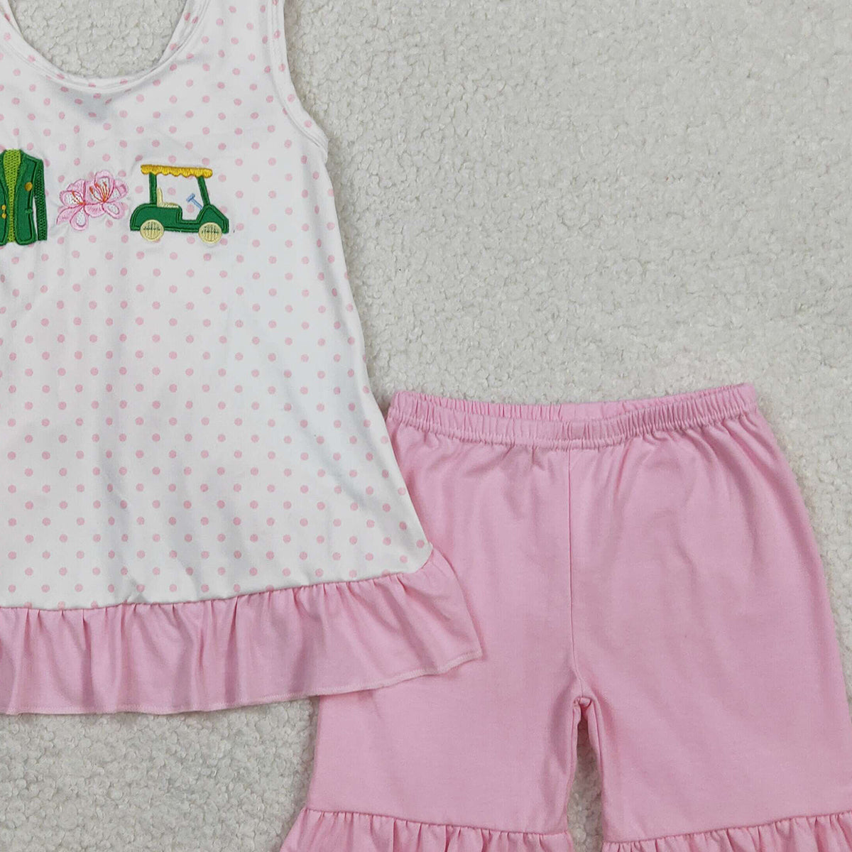 1.26 RTS NO MOQ （In stock）GSSO2884 Embroidery Golf Trucks Baby Girls Polka Dots Back Bow Tunic Ruffle Short Clothes Sets