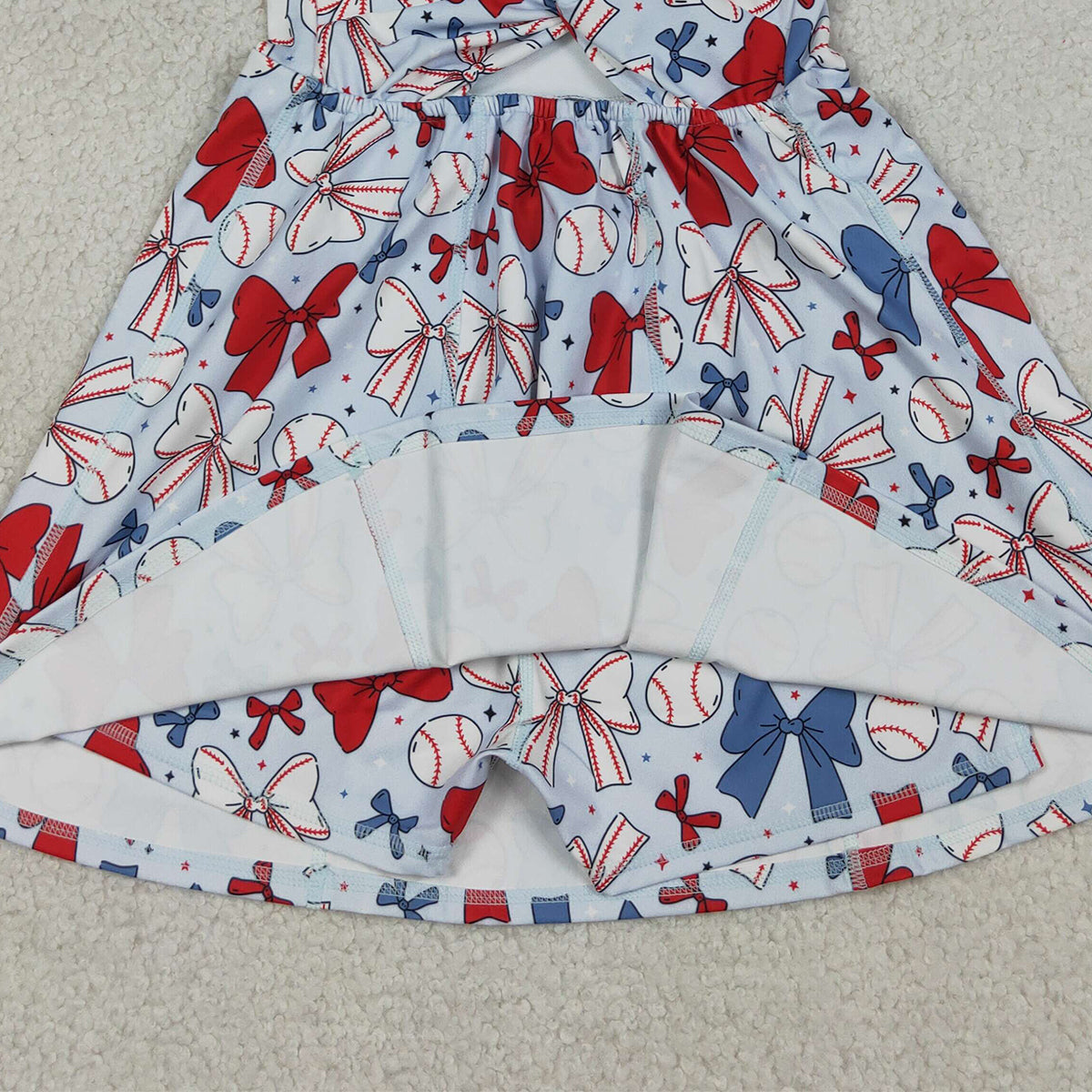 4.8 GSD2150 RTS NO MOQ （In stock) Sleeveless red blue bow baseball kids girls athletic dresses