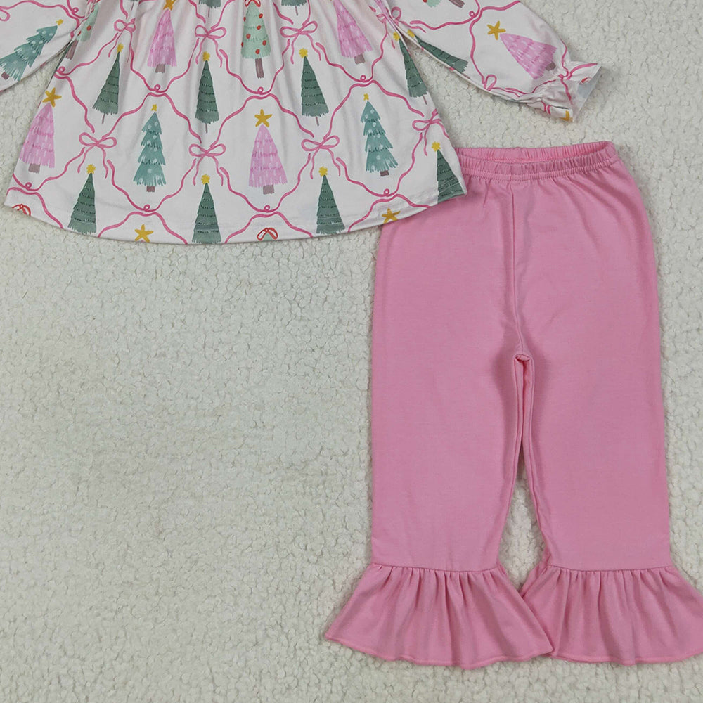 RTS NO MOQ （In stock） GLP2420 Baby Girls Winter Outfits Baby Girls Long Sleeves Trees Bows Plaid Tunic Ruffle Pant Set