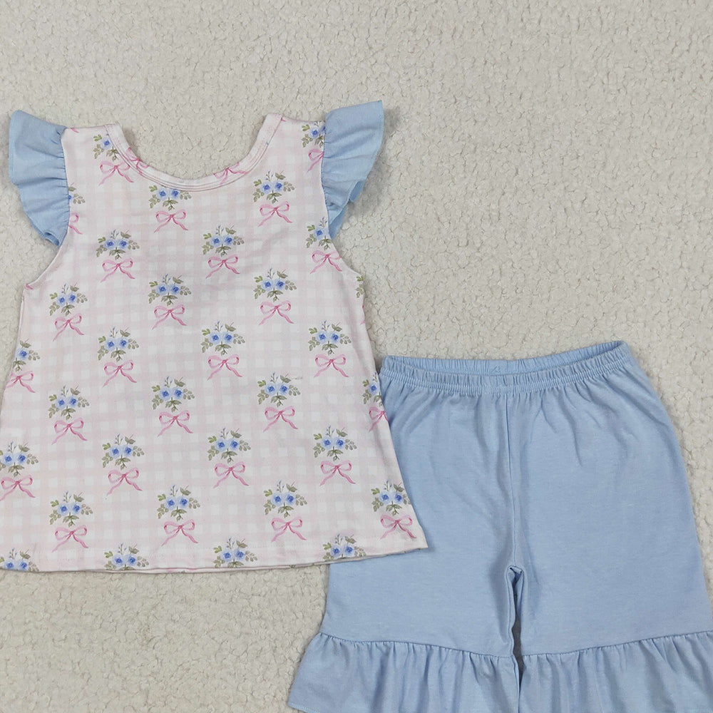5.17  GSSO1577RTS NO MOQ Baby Girls Summer Outfits Baby Girls Floral Flutter Sleeves Top Blue Short Set