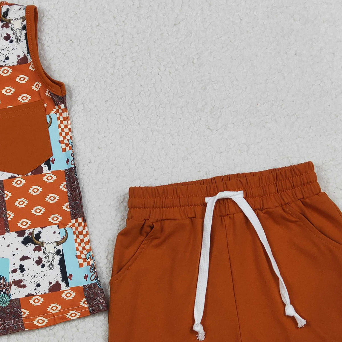 1.22 RTS NO MOQ （In stock）BSSO1773 Baby Boys Aztec Null Skulls Checked Top Pockets Shorts Western Clothes Sets