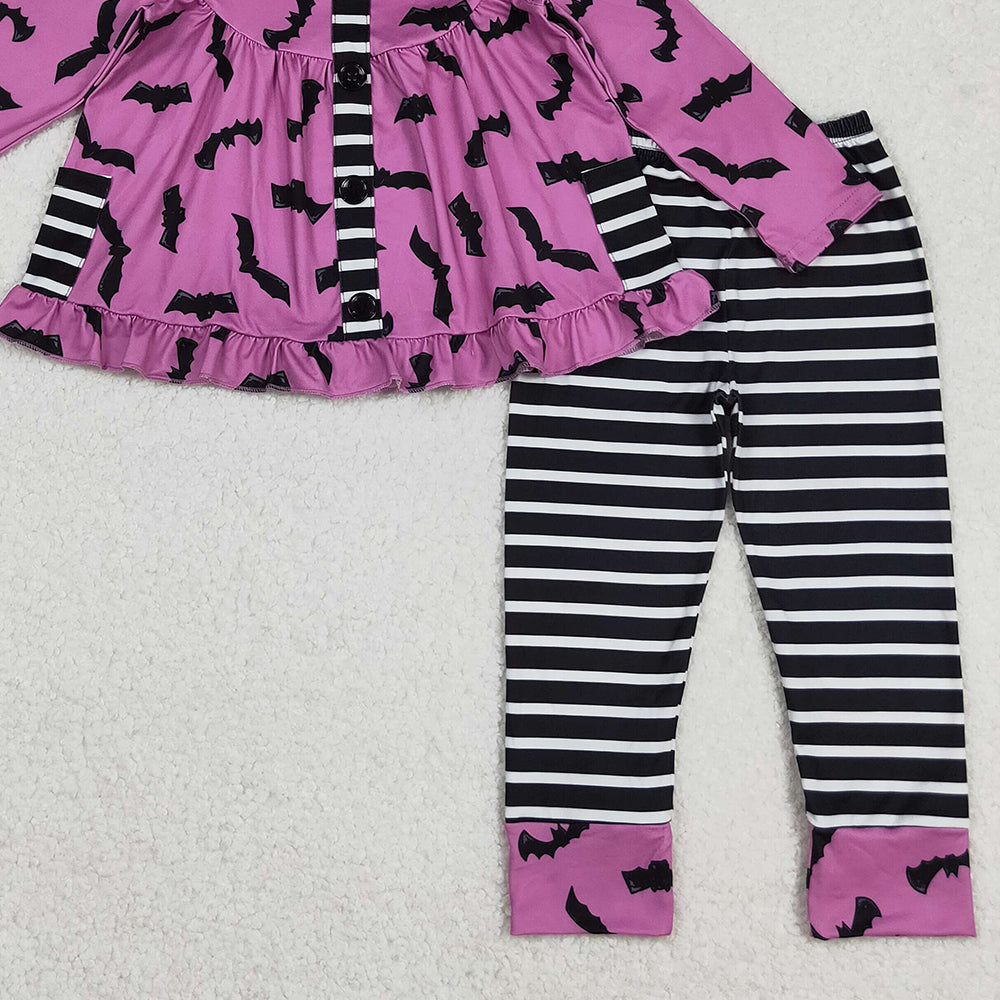 RTS NO MOQ （In stock）GLP2693 Baby Girls Winter Outfits Halloween Bat Pockets Tunic Stripe Leggings Set Cute Costume Outfit for Kids