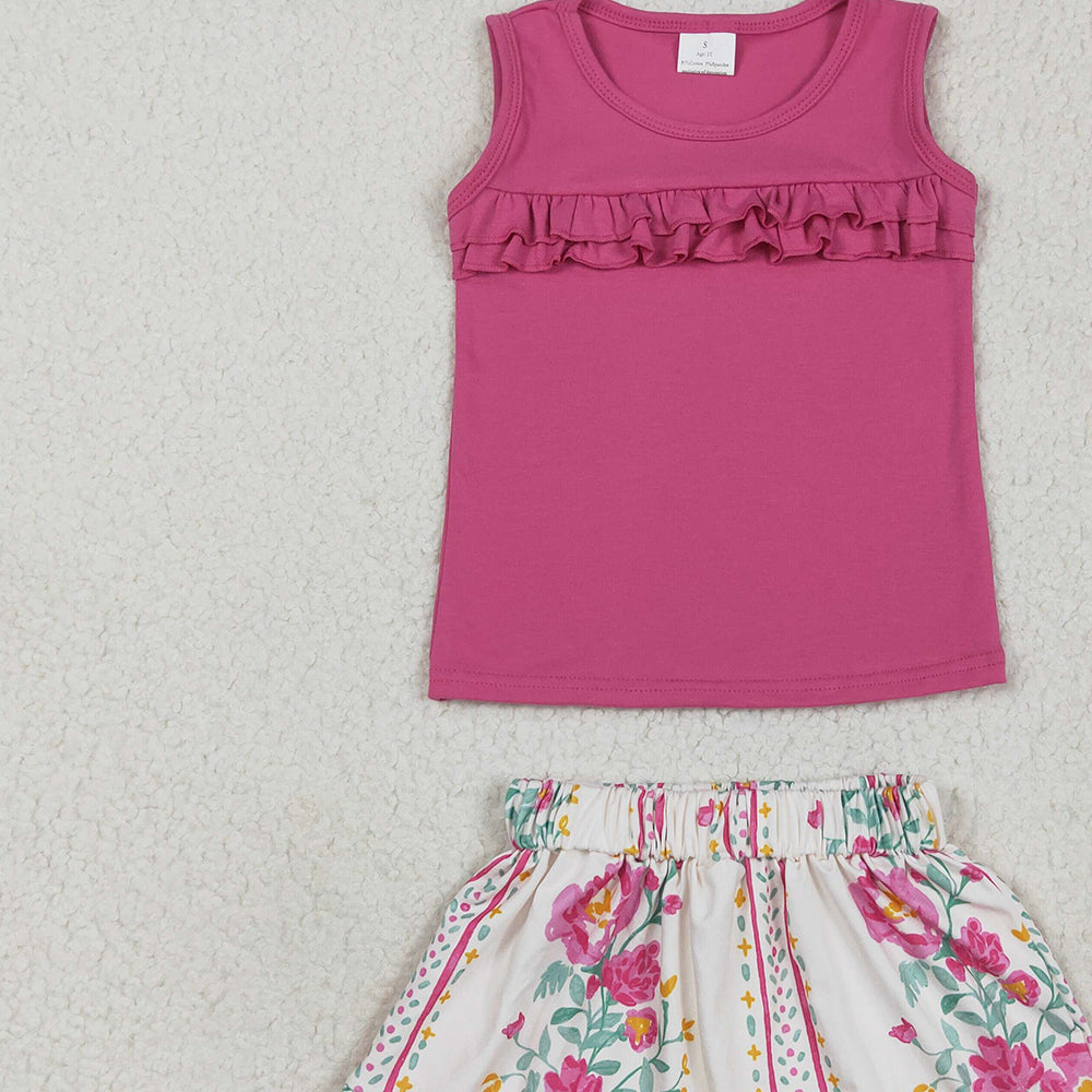7.15 GSD2104RTS NO MOQ Baby Girls Summer Outfits Baby Girls Hot Pink Sleeveless Top Ruffle Floral Stripe Skirt Set