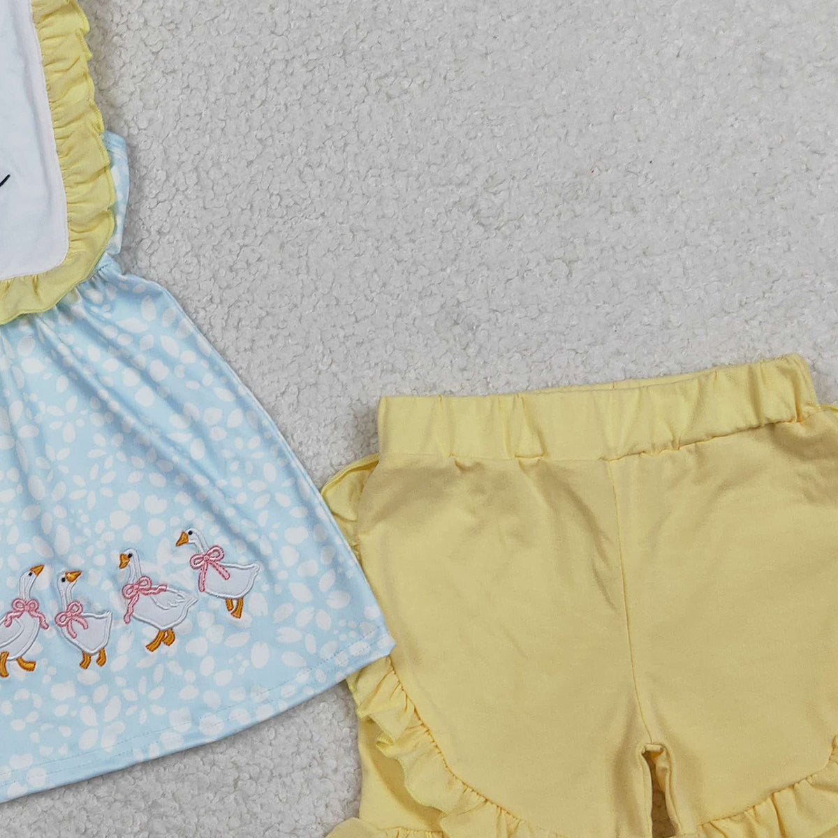 2.4 RTS NO MOQ （In stock）GSSO2796 Embroidery Silly Gooses Baby Girls Floral Tunic Ruffle Shorts Clothes Sets