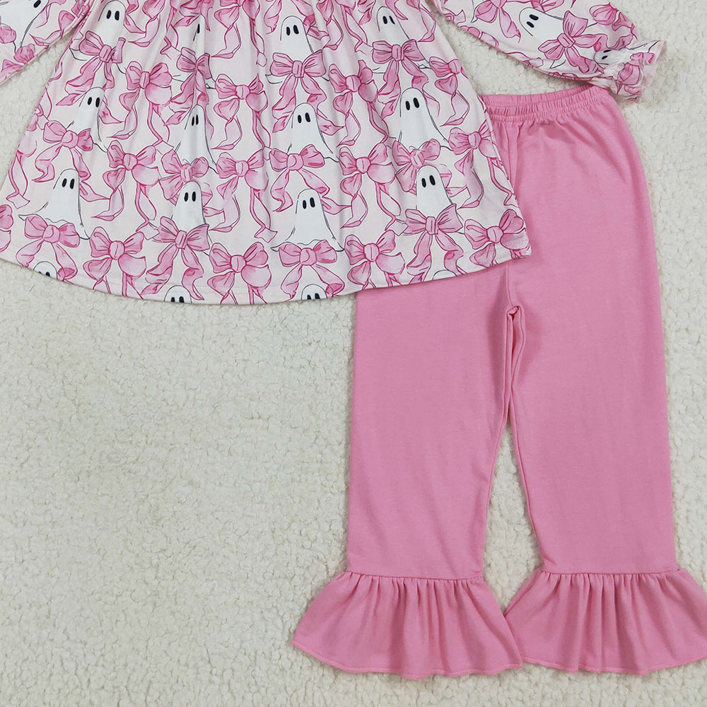 RTS NO MOQ （In stock）GLP2362 Baby Girls Winter Outfits Baby Girls Halloween Pink Bows Ghosts Tunic Ruffle Pant Sets