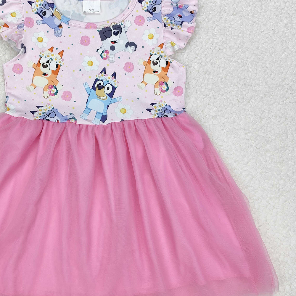 GSD1789Kids Girls Pink Floral Tulle Dress with Flutter Sleeves Dog Pattern Cute Children's Party Wear