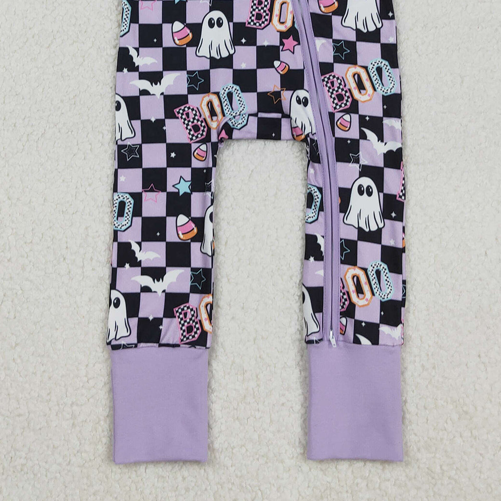 RTS NO MOQ （In stock）LR2541 Baby Girls Winter Rompers Lavender Plaid Boo Ghost Girls Halloween Zipper Romper for Kids Cute Scary Monster Costume Outfit