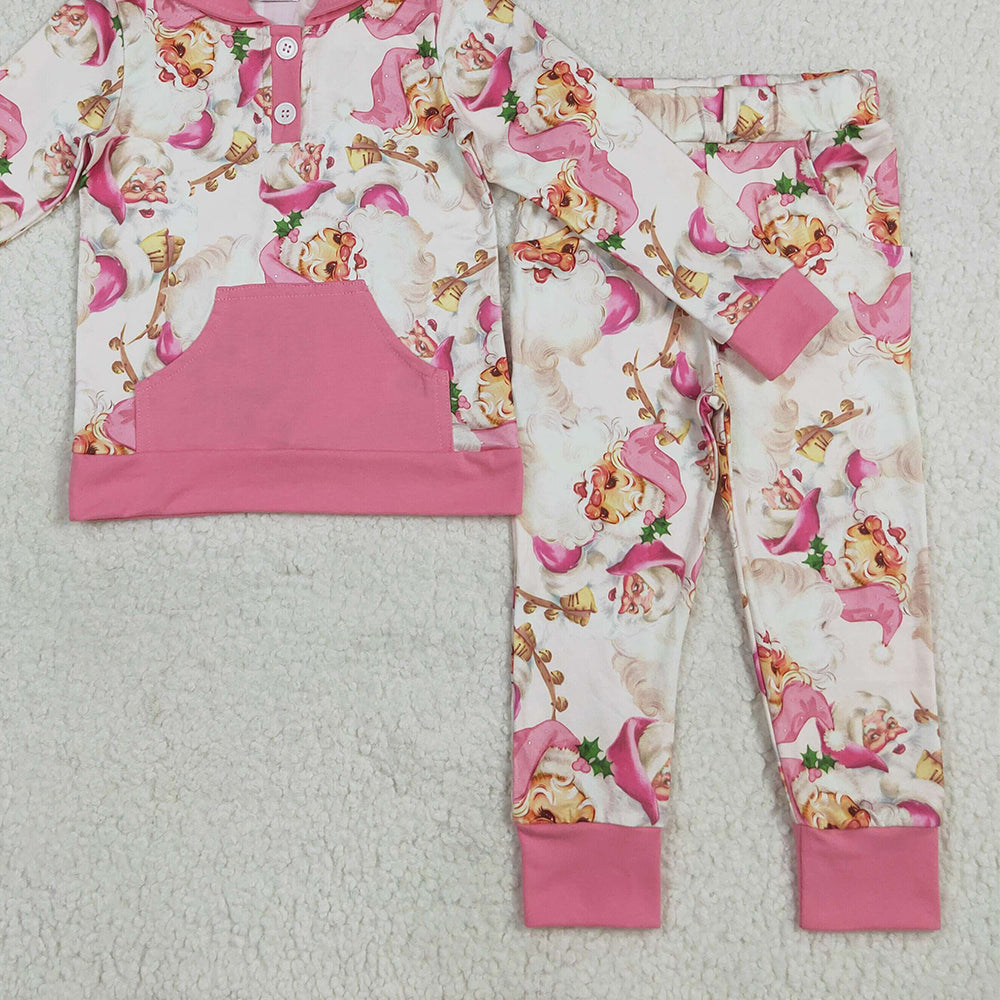 RTS NO MOQ （In stock）GLP2474  Baby Girls Winter Outfits Baby Girls Pink Christmas Santa Button Hoodies Pockets Pant Sets