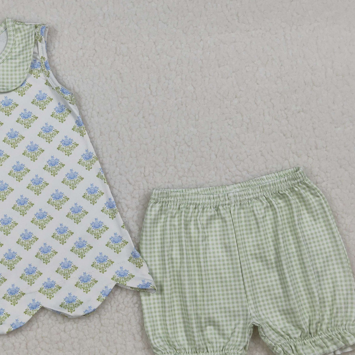 3.25 RTS NO MOQ （In stock）GSSO2850 Kids Clothing for Baby Girls Sleeveless Green Flowers Plaid Collar Tunic Ruffle Shorts Clothes Sets