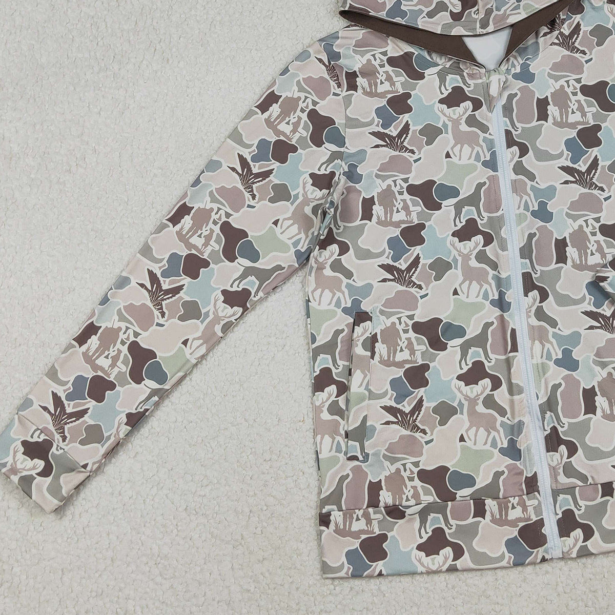 11.1 RTS NO MOQ （In stock）BT1392 Adult Men Dogs Ducks Hunting Camo Pockets Zipper Hoodies Jackets